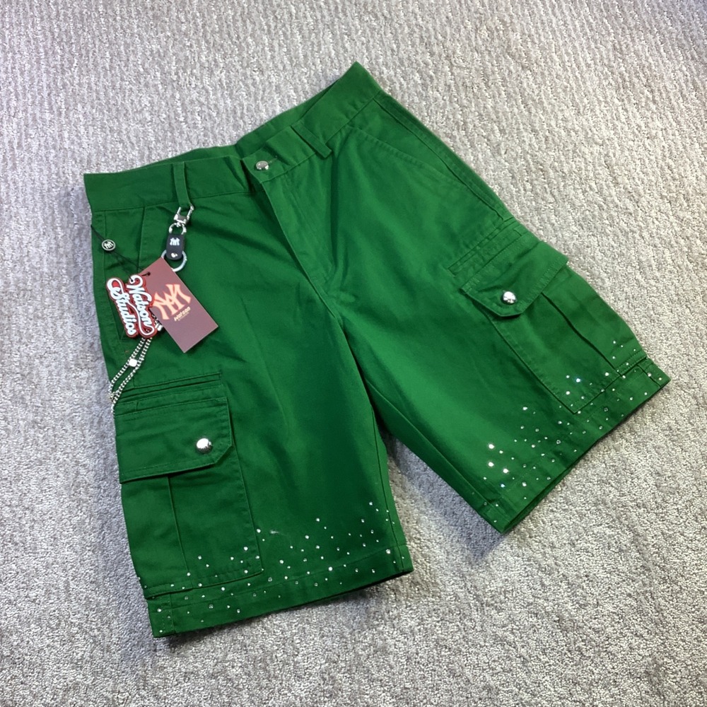 Watson Stained Glass Work Shorts Green Rhinestone Cargo Mens Size XS 28 NWT